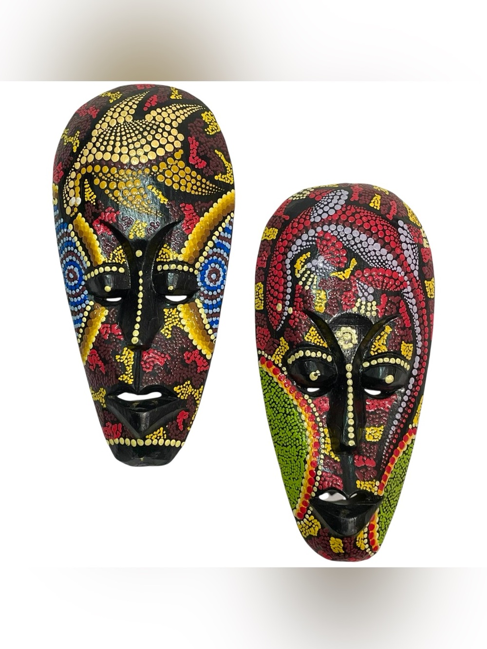 Vintage 1990s Indonesian Handmade Wooden Mask Set (2) Dot Art - Traditional Folk